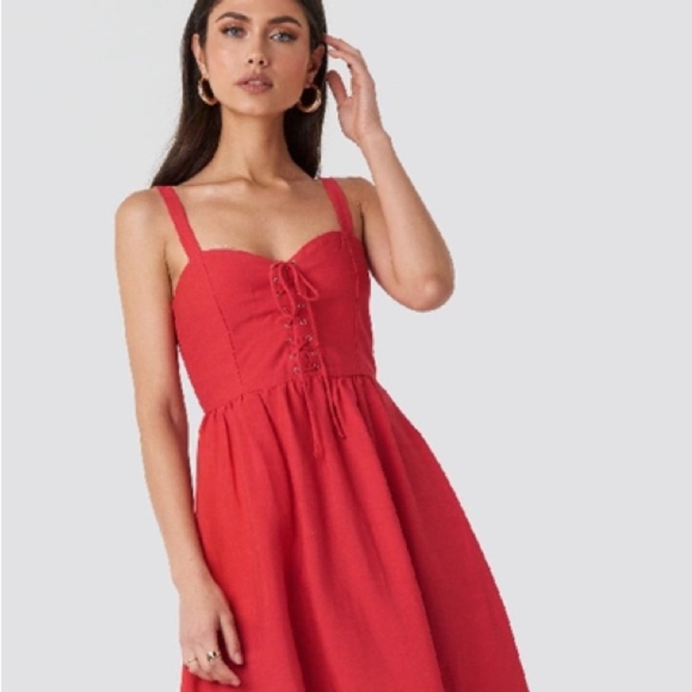 Red Lace-Up Linen Sundress with Sweetheart Neckline